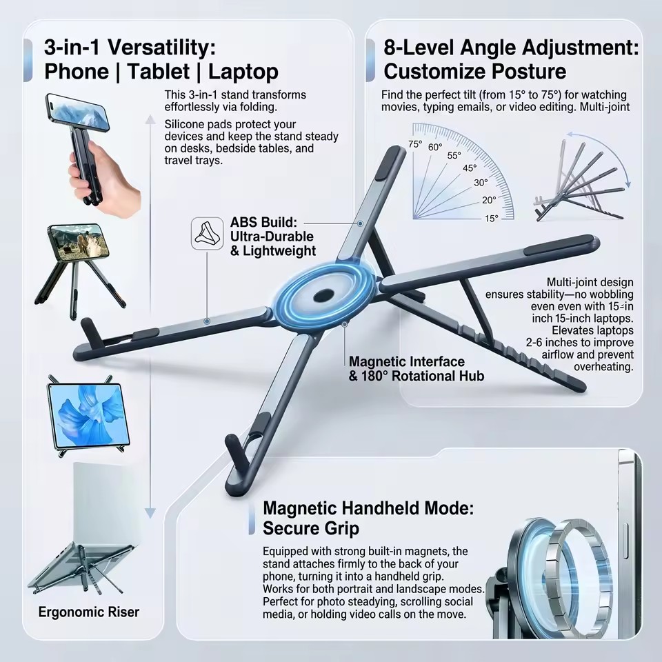 Home Office Laptop - Tragbarer Magnetischer Handyhalter & Selfie-Stick 3-in-1