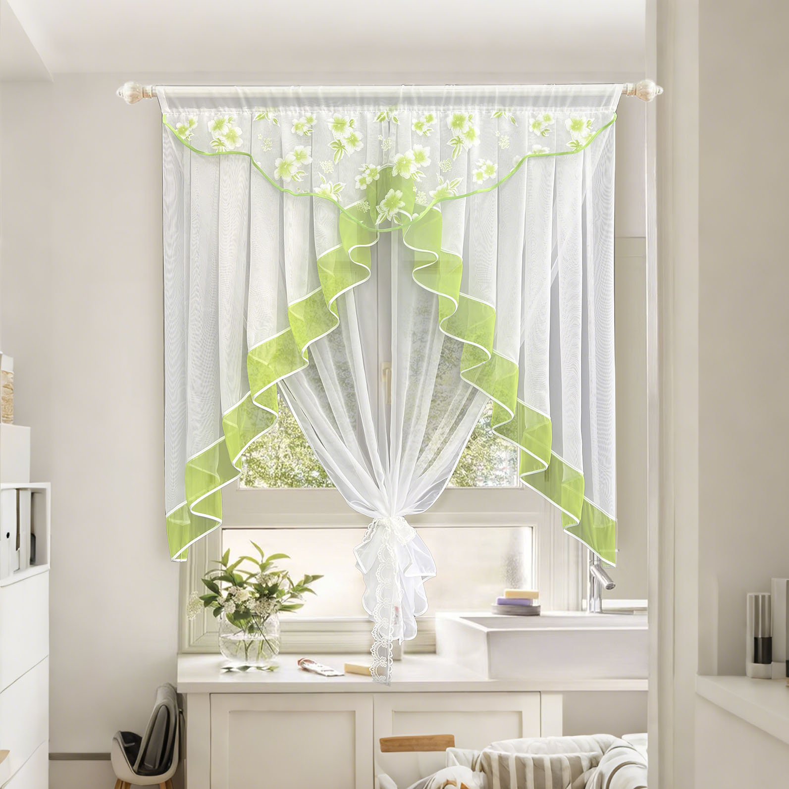 Home Office Romance - Durchsichtige Vorhänge mit Blütenmuster, Voile-Fenstervorhänge, schlicht,