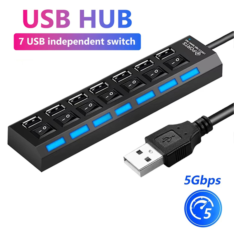 Home Office Laptop - 7-Port-USB-2.0-Hub-Splitter für Laptop-Computerzubehör, LED-Anzeige, unabhängige Steuerung,